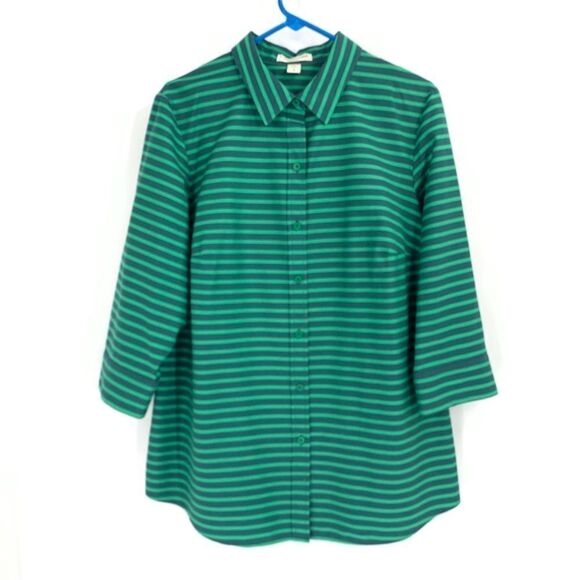 Coldwater Creek No Iron Size 1X 18 Green and Gray Striped 3/4 Sleeve Blouse - Picture 1 of 11